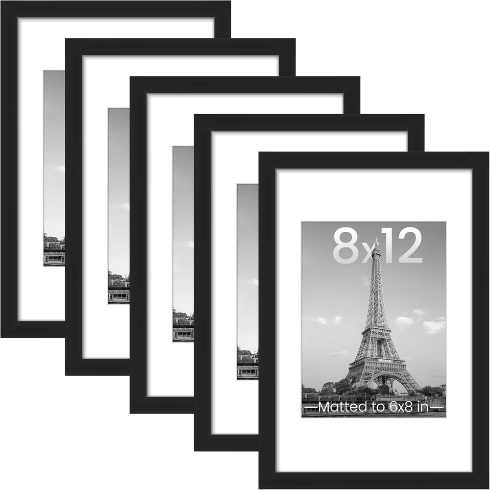 8X12 Picture Frame Set of 5, Display Pictures 6X8 with Mat or 8X12 without Mat