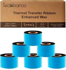 6 Roll Wolfbarco 2.01"x1181' (51mm x 360m) Black Thermal Transfer Ribbon Printer