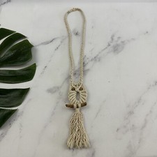 Vintage Handmade Macrame Owl Bird Necklace Beaded 70s Funky Boho Decor