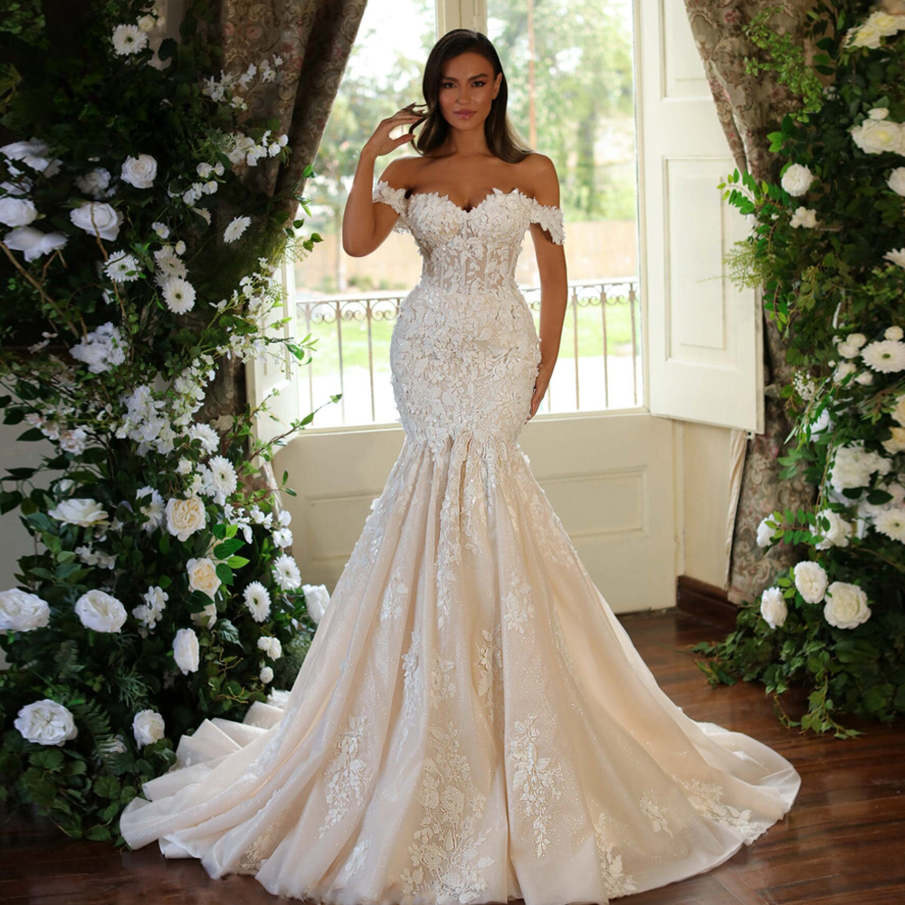 knee length dresses for ladies Charming White Lace Mermaid Sweetheart Off-The-Shoulder Long Sleeves Cathedral Train Wedding Dresses main image 1