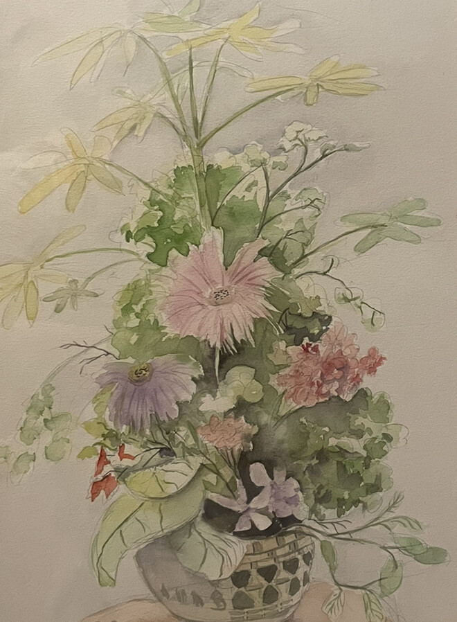 フレンチ水彩画 price down 14800->8000 Original 14X21” French vase Wild Flowers Watercolor Painting OOAK