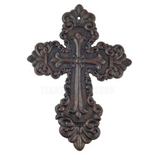 Fleur De Lis Cast Iron Wall Cross Layered Floral Design Rustic Brown 11 inch