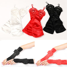 Women's Wedding Lace Satin Bowknot Gloves Long Fingerless Party Bridal Gloves US