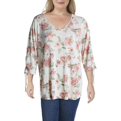 Status by Chenault Womens Ivory Floral Bell Sleeves Top Shirt Plus 1X BHFO 2301