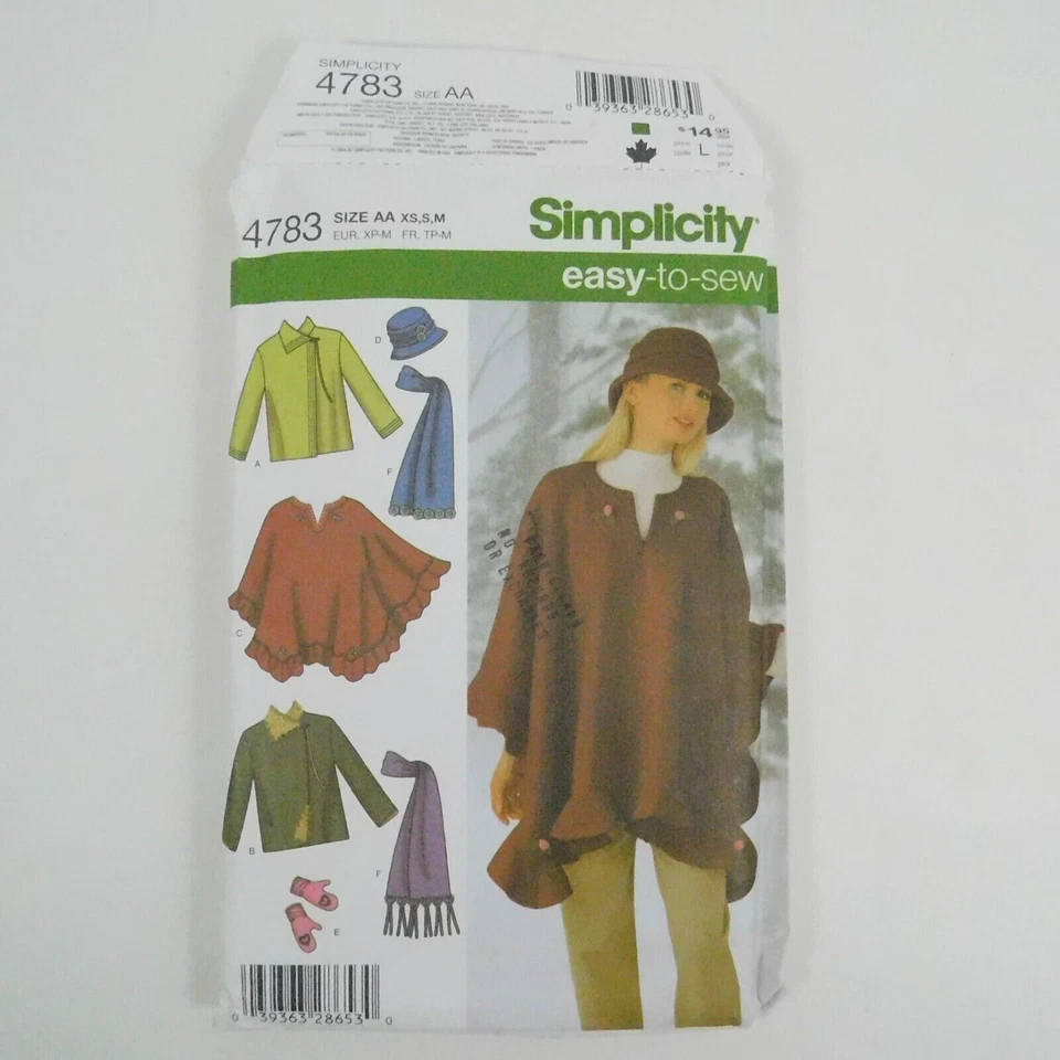 Simplicity 4783 Misses Jacket Poncho Scarf Mitts Hat Pattern Size XS-M Uncut - Image 3 of 4