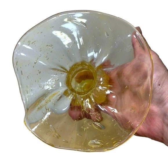 VTG Saba Bio Candlestick 7"  French Art Glass Bubble Clear Yellow Open Flower 7" - Image 4 of 4