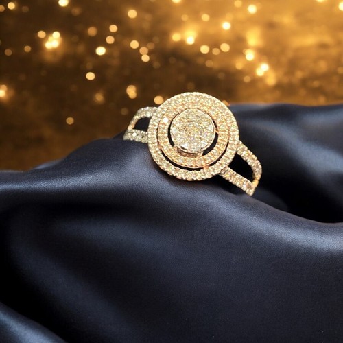 Pave 0.75 Cts Round Brilliant Cut Diamonds Double Halo Anniversary Ring 14K Gold - Picture 4 of 14