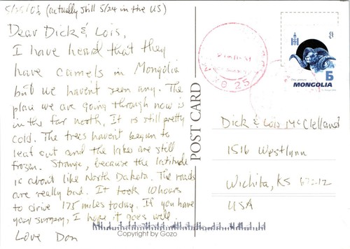 Saludos desde Mongolia Postal Gente en Camellos Mongolia Matasellos a Kansas - Imagen 3 de 4