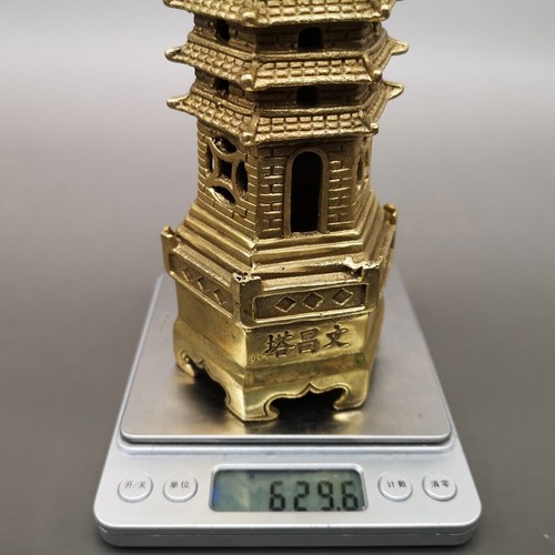 12" Chinese Antique Fine Carving Brass Wenchang Tower Statue - Picture 9 of 9