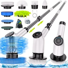 Cordless Cleaning Brush with 8 Replaceable Brush Heads and Extension Handle