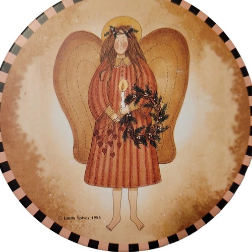 Vintage Linda Spivey Angel Wreath Candle Art 5.5" Round Tin 1996 Decor Container - Picture 15 of 20