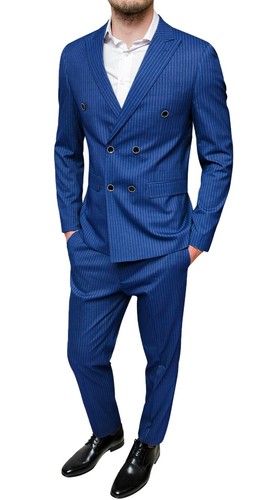 Abito uomo sartoriale blu completo vestito doppiopetto gessato elegante |  eBay