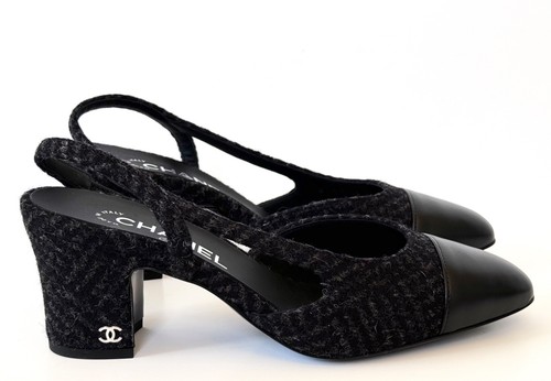 NEW 24K CHANEL BLACK GRAY WOOL TWEED SLINGBACK MULES MID HEELS 38 - Picture 2 of 14