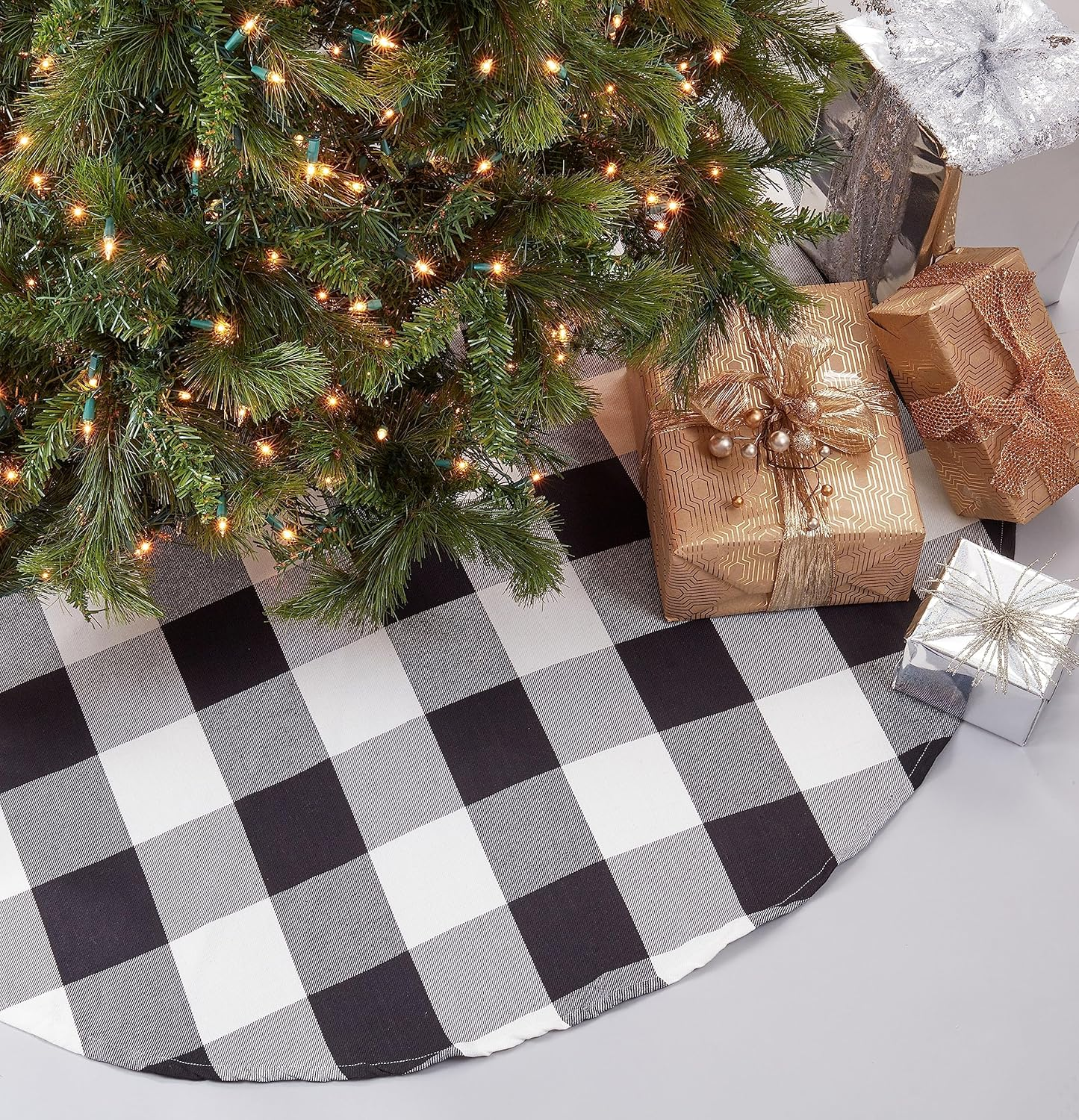 Buffalo Plaid Cotton Christmas Tree Skirt Black 53 Inch Holiday Decor