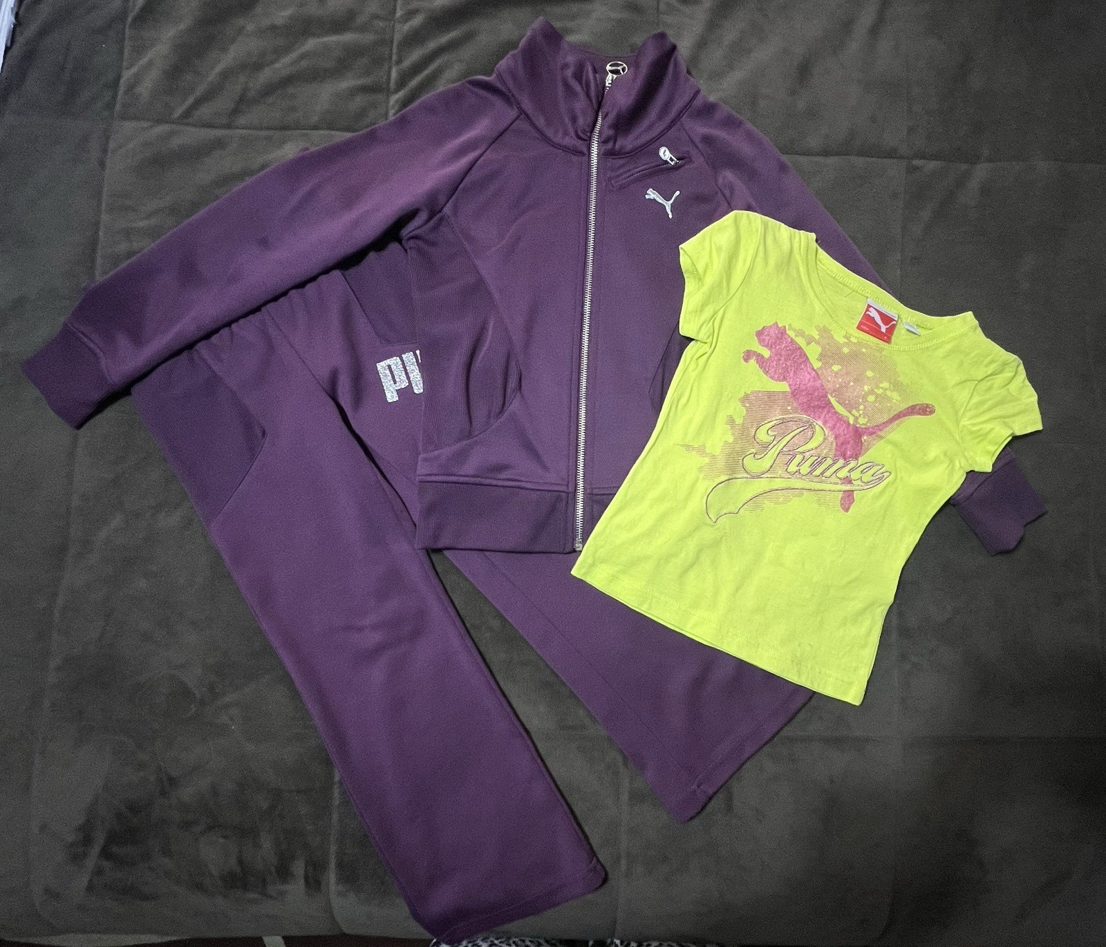 Puma Girls 3 pc LOT Purple Sweatsuit Track Suit Neon Green Tee Shirt Size S 6X 6 thumbnail 2