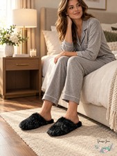 I.N.C. Women's Fluffy Faux-Fur Scuff Slippers   Black, Small 5  6 