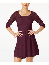 MATERIAL GIRL Womens Fit + Flare Short Dress Burgundy 3/4 Sleeve Juniors M