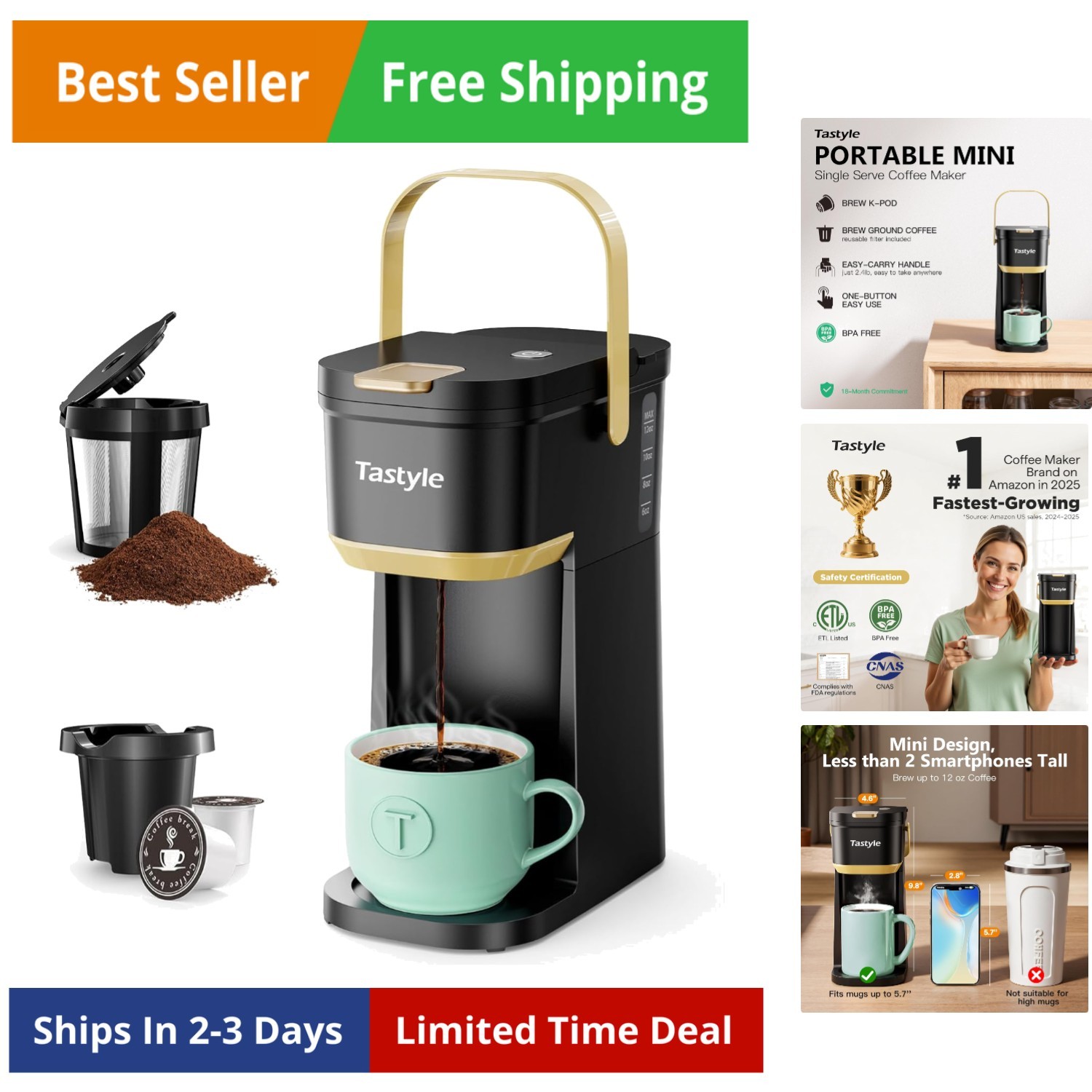 Single Serve One Cup Coffee Maker, for K Cups and Grounds, Mini Coffee Maker ...