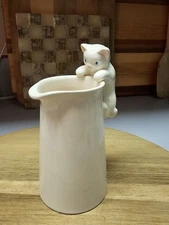 Vintage Cat Small Pitcher Creamer Vase Cat Hanging On Side