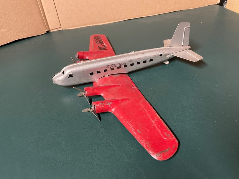 Vintage 14-1/2" Wingspan Marx  Pressed Steel The Airliner Airplane Decent Paint