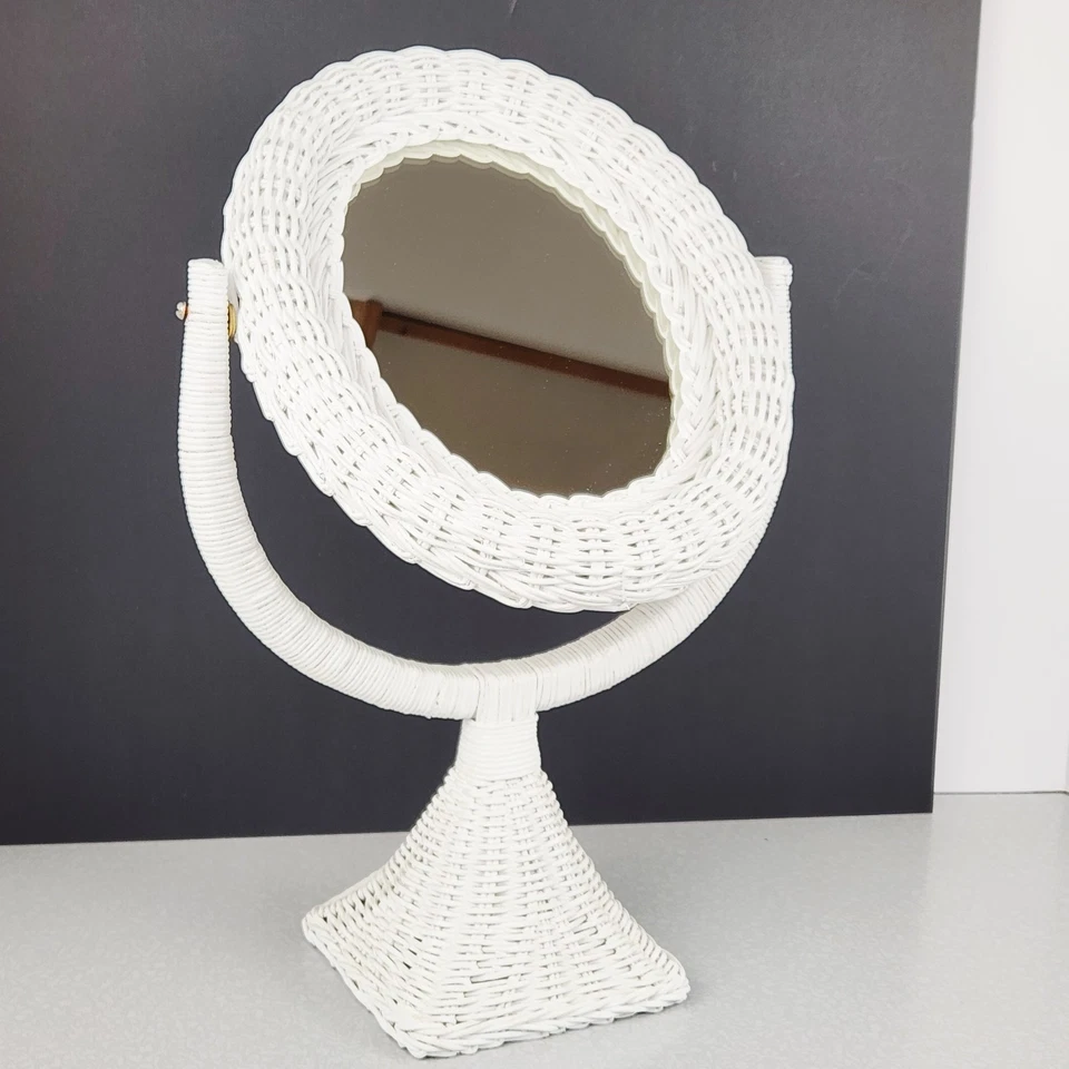Espejo de mesa de mimbre blanco ovalado inclinable 17" tocador decoración cabaña tejido Foto 3 de 4