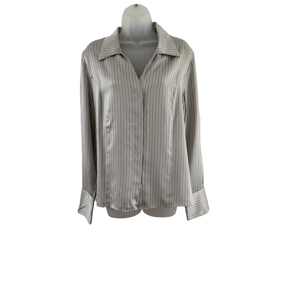 Kate Hill 真丝衬衫女式 16 灰色黑色细条纹学院长袖 V 领 — 第 3/4 张图片