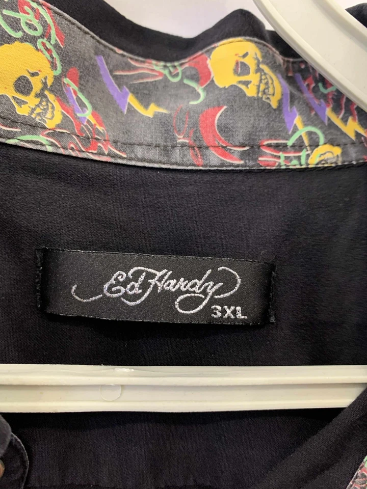 Camisa Ed Hardy de Christian Audigier para hombre con botones 3XL negra calavera llamas #C8 Foto 3 de 4