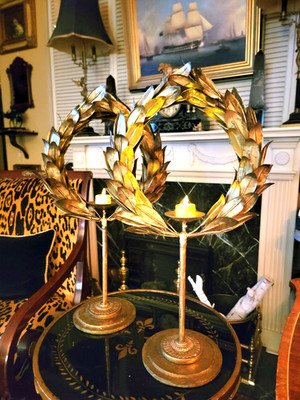 PAIR OF GOLD METAL GILDED LAUREL WREATHS VOTIVE HOLDERS ON STANDS