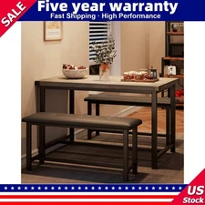 Kitchen Table Set with 2 Benches Rectangular Dining Table for 4 Upholstered 