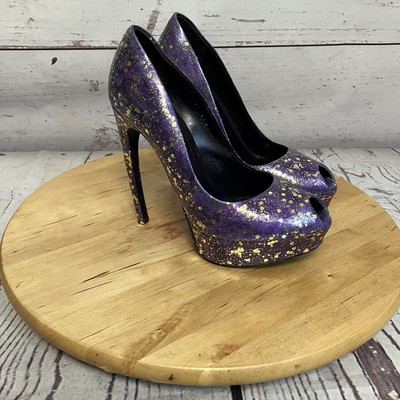 Alexander McQueen Pumps Womens Size 35.5 5.5 Purple Gold Open Toe High Heel