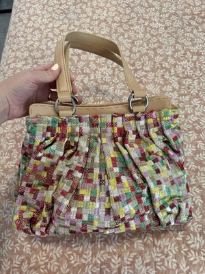 DKNY Women's Multicolor Woven Shoulder Bag Beige Double Handles Silver Hardware