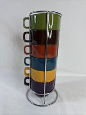 World Market Stacking Mugs/Cups Multi-Colored Chrome Stand Set of  6 - 8oz each