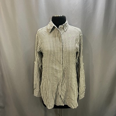 Max Studio Yarn Dye Tunic Blouse Womens XS White Black Striped Rayon Curved Hem