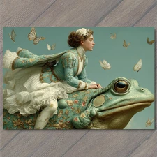 POSTCARD Girl Riding Giant Frog Surreal Fantasy Butterflies Whimsical Fairytale