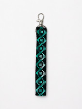 Handmade Embroidered Wristlet Keychain Strap Black Turquoise Fabric Key Fob Gift