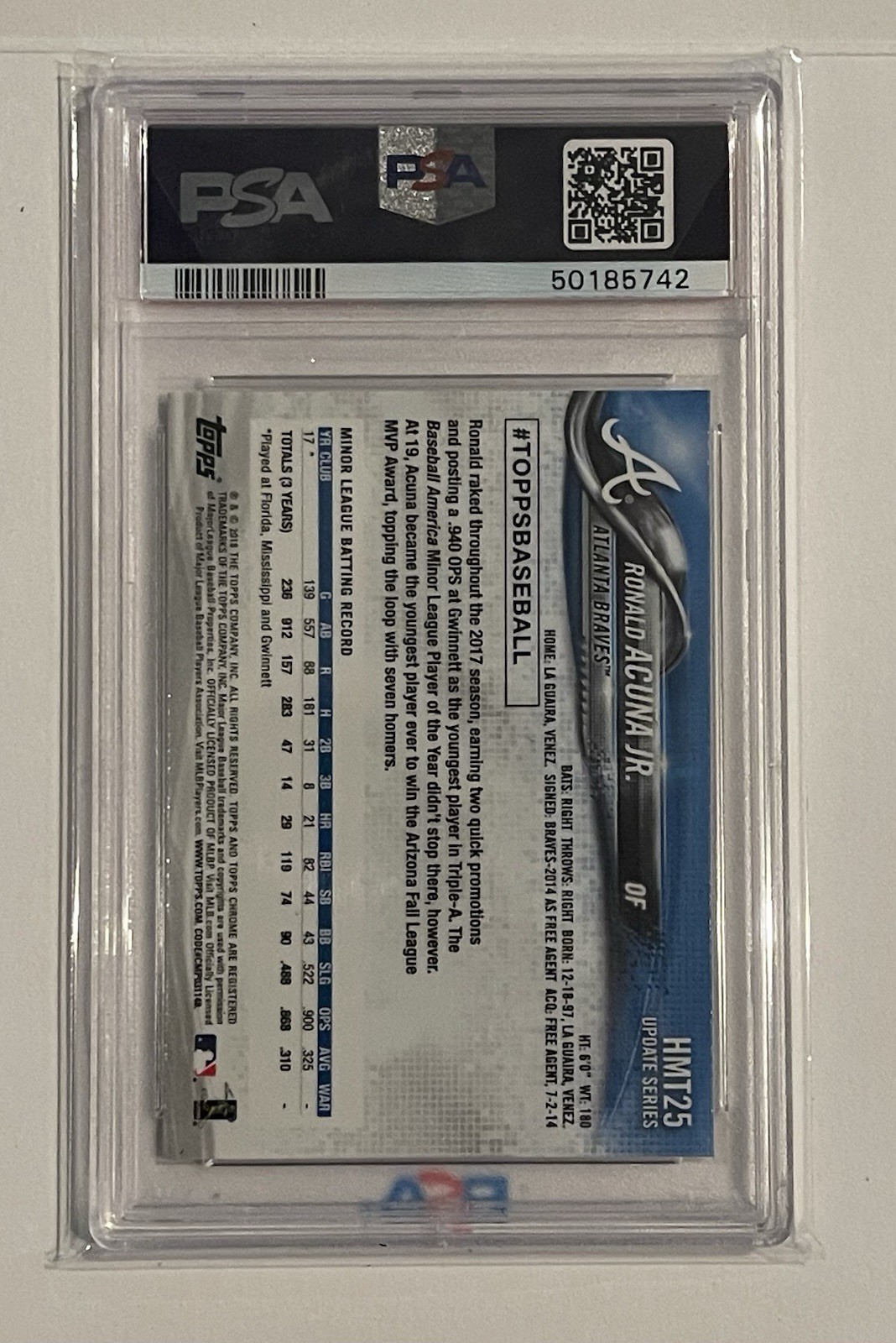 2018 Topps Chrome Update Ronald Acuna Jr. #HMT25 PSA 10 view 2