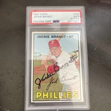 1967 Topps Jackie Brandt #142 Phillies Auto PSA/DNA Card 5 & Auto 8 Baseball