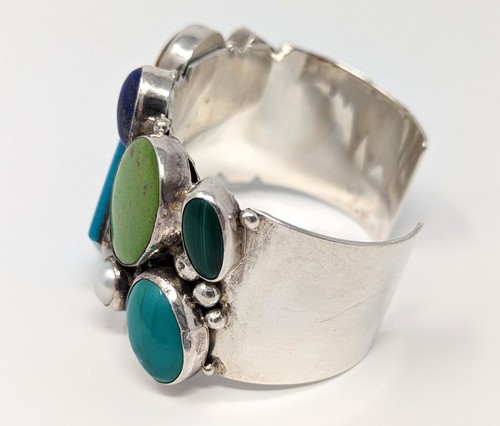 925 Sterling Silver Bracelet Cuff Multi Stone Signed E. Pino Native American - Picture 4 of 8