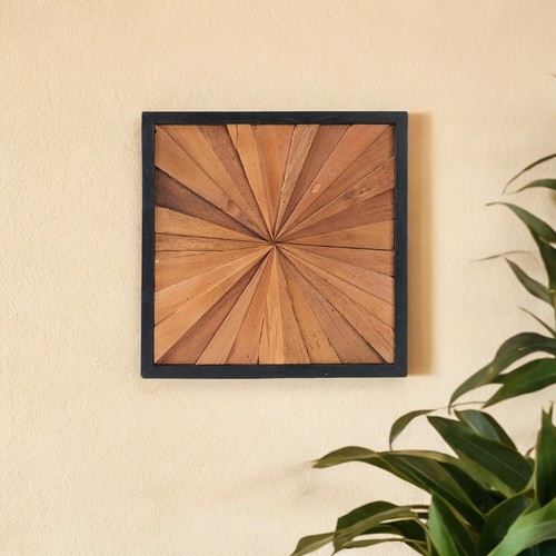 Rustic Teak Wood Wall Art – 17"x17" Geometric Starburst Panel, Handcrafted Decor - Picture 4 of 20