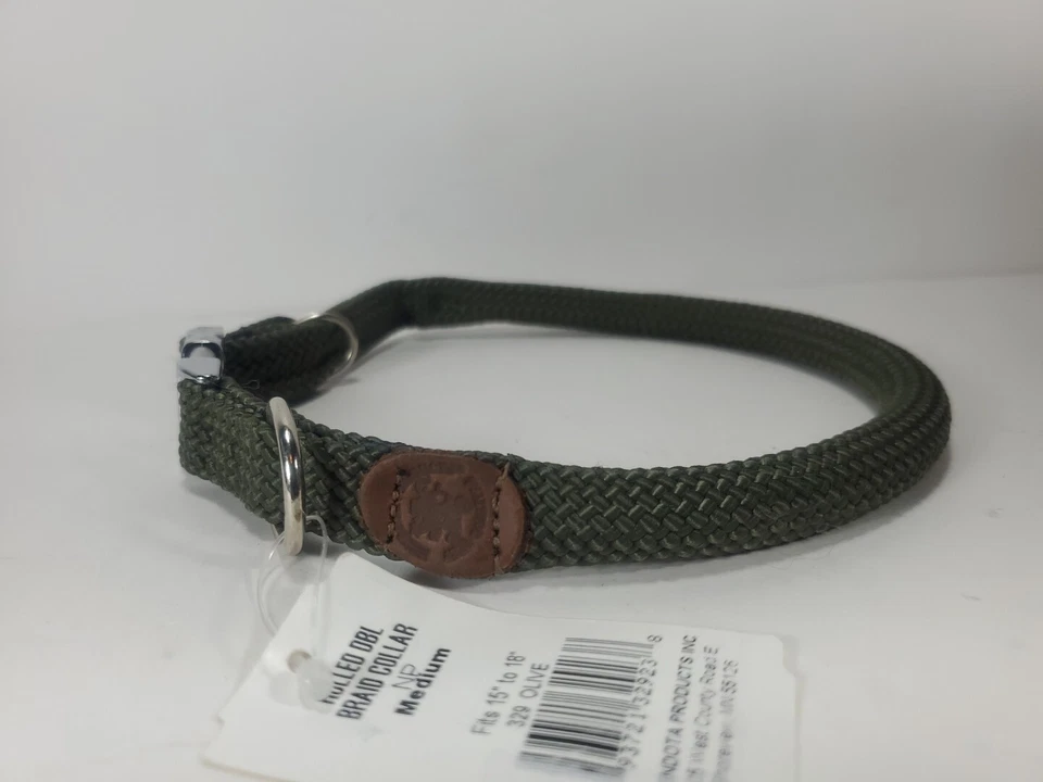 Collar de perro Mendota enrollado doble trenza acento de cuero verde oliva talla M 1/2"x18" Foto 2 de 4