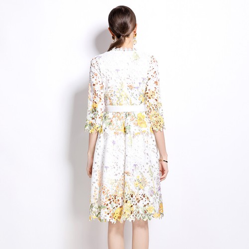 Floral Print Crew Neck Hollow Out 3/4 Sleeve Women Casual Party Midi Lace Dress - Bild 33 von 46