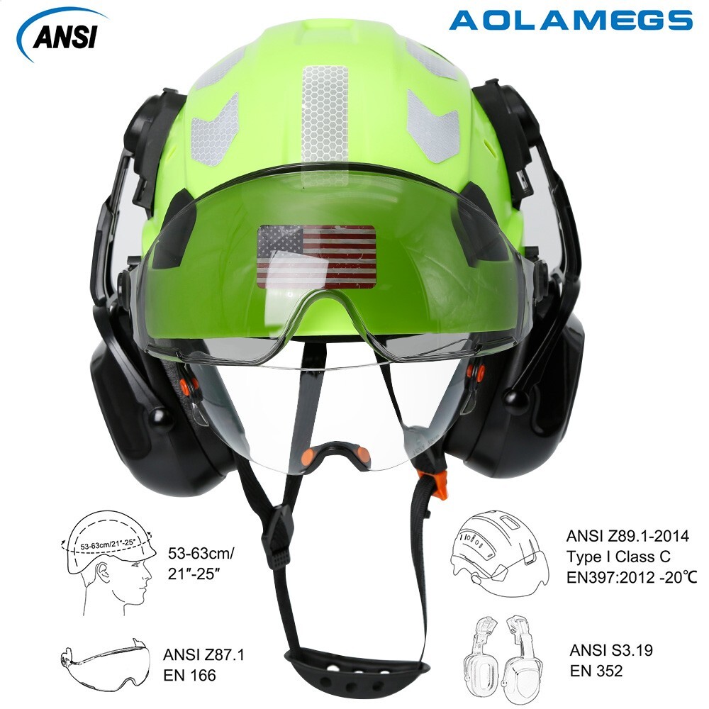 CE Construction Safety Helmet With Visor Built In Goggles Earmuffs ANSI