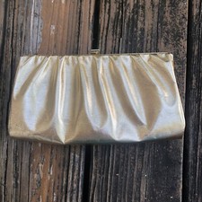 Gold Lam Leather Vinyl Clutch Purse Evening Bag Metallic Lame Vtg 50s 60s