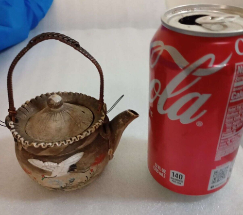 Antike japanische Maji Periode Banko Keramik Miniatur Teekanne mit Kranichen & Blumen - Bild 5 von 6