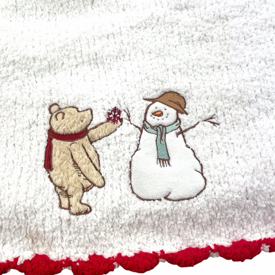 Disney Classic Winnie the Pooh Chenille Baby Blanket Snowman White Red Trim HTF - Image 3 of 4