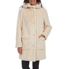 NEW Kensie Women's Hooded Faux Fur Coat L Beige