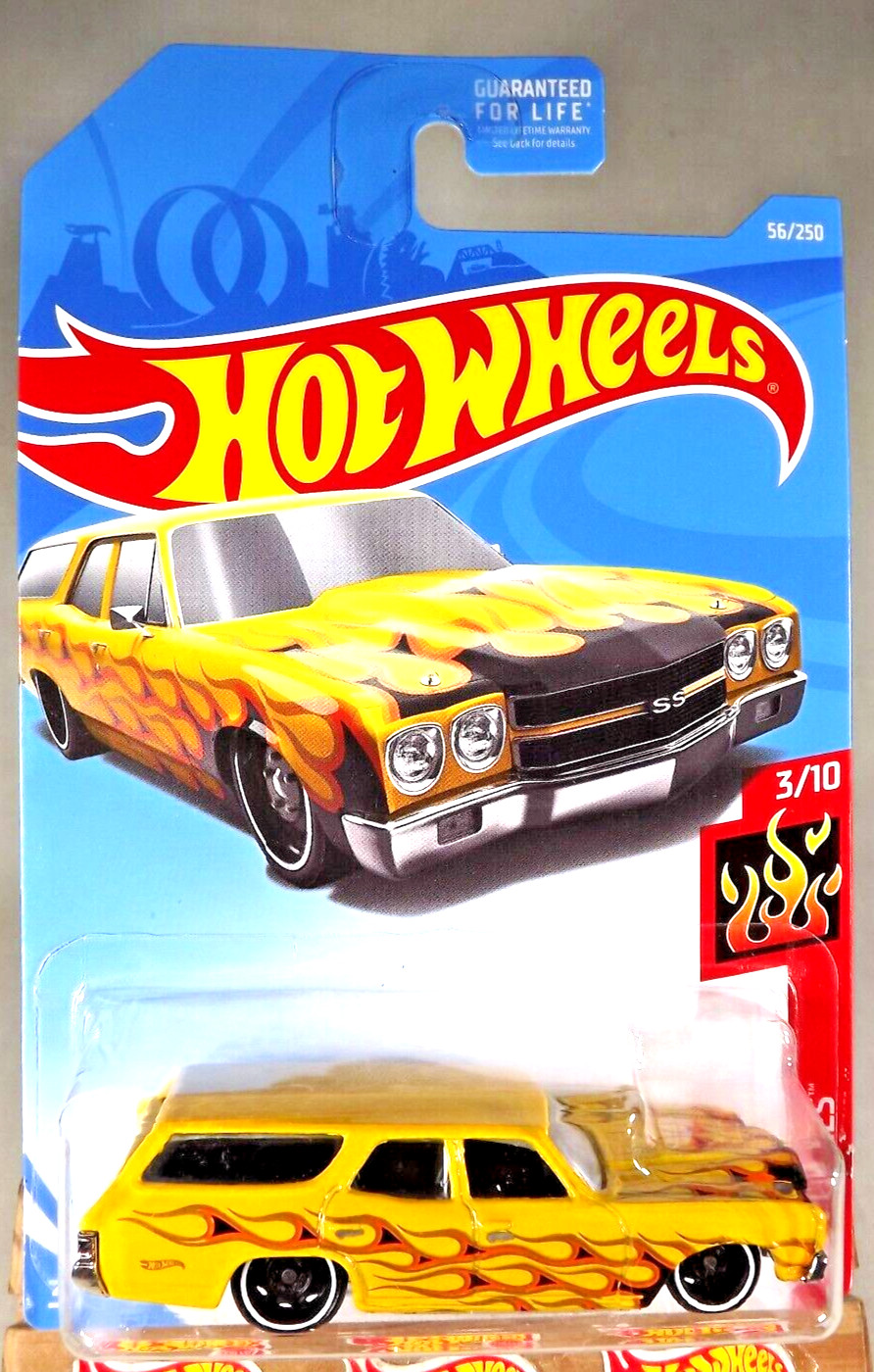 2019 Hot Wheels #56 HW Flames 3/10 70 CHEVELLE SS WAGON Yellow w/Black DD8 Spoke