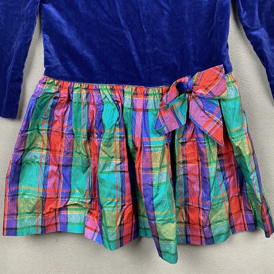 复古罕见版本女孩丝绒连衣裙 12 码格子长袖蕾丝蝴蝶结美国 — 第 2/4 张图片