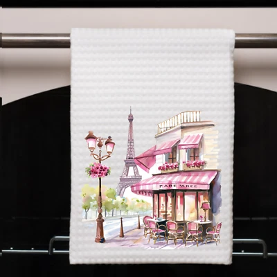 VERSATILITY Eiffel Tower Kitchen Towel 16x24 Pink Waffle Weave Paris Decor Hand Dry Towel