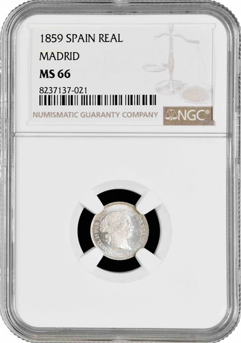 Spain 1 real 1859, NGC MS66 MADRID, "Queen Isabel II (1847 - 1864)" Top Pop